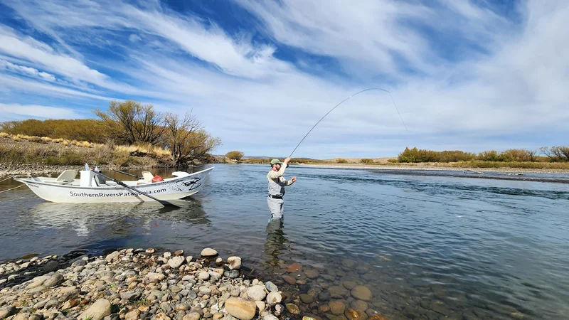 Pescador con la caña de mosca curvada junto a un drift boat en el río Collón Cura