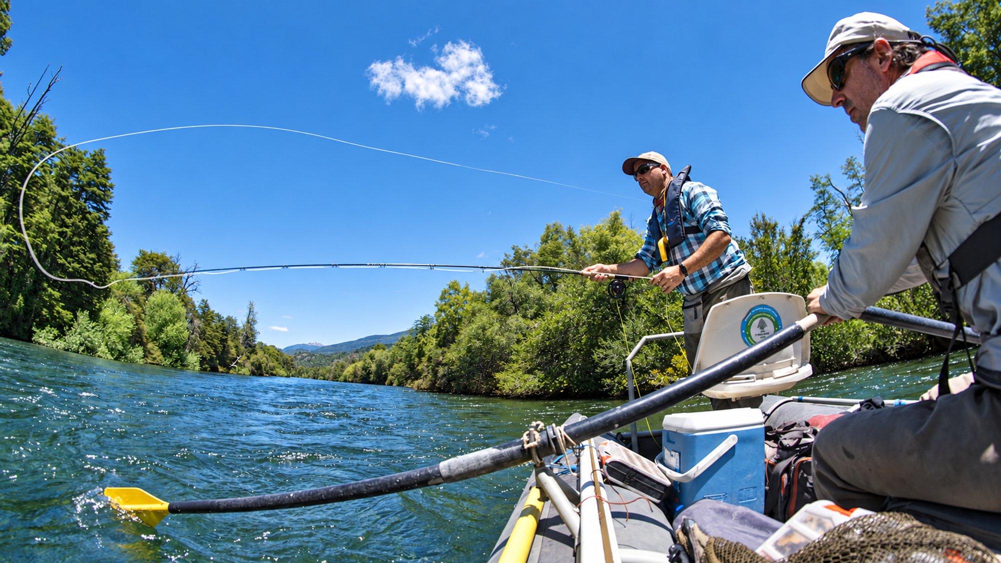 Guide rowing a drift boat while an angler casts on the Manso River in Patagonia