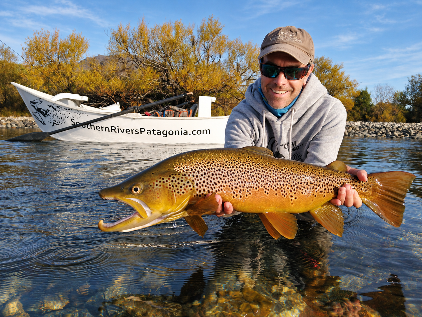 Southern Rivers guide holding a large brown trout during a fly fishing day trip on the Limay River near Bariloche